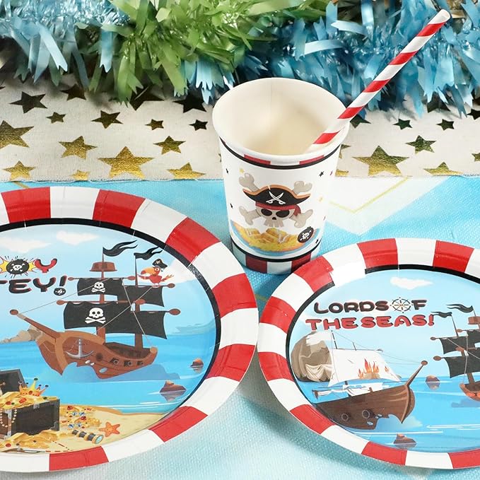 Recheel Pirate Birthday Party Supplies Decorations, Pirate Treasure Theme Paper Plates and Napkins Set with Cups and Straws for 24 Guests, 120 Pcs Disposable Party Dessert Dinnerwares