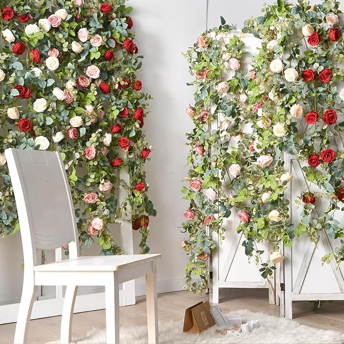 PONKING Flower Garland Artificial Rose Vine Flowers Hanging Fake Roses Vines for Wedding Birthday Party Valentines Christmas Room Wall Arch Decor, 2 Purple Floral Garland Decorations, High Realistic