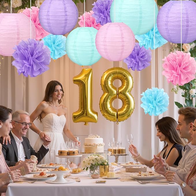 18pcs Blue Paper Lanterns Decoration Purple Blue White Hanging Décor Pom Poms Paper Flower Party Supply for Baby Shower Wedding Valentine Birthday Party