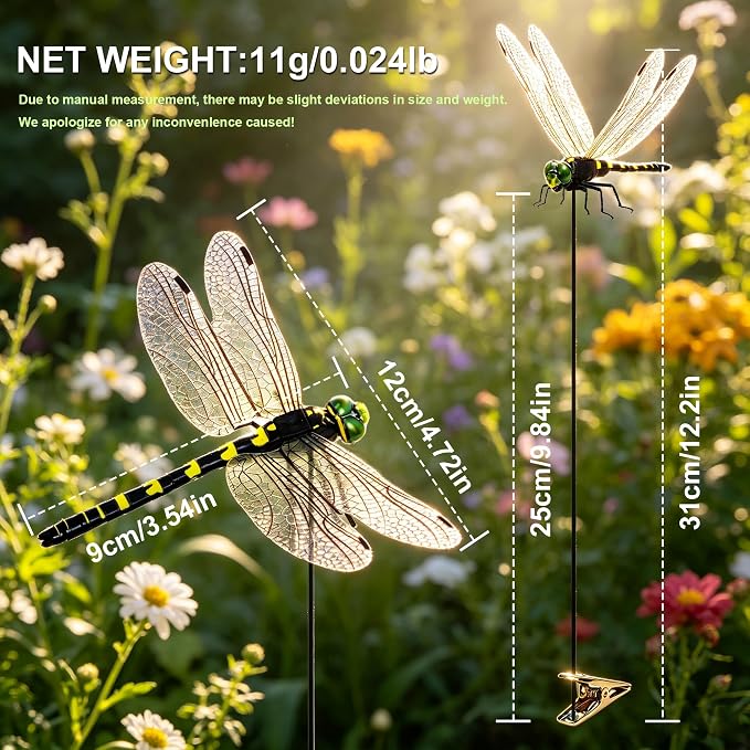 12 Pack 3D Dragonfly Clips, Fake Dragonflies with Stakes, Realistic Plastic Dragonfly Garden Decorations, Fly Deterrent Clips for Hats, Pets, Horses, Deer, Yard, Patio, Indoor & Outdoor Decor