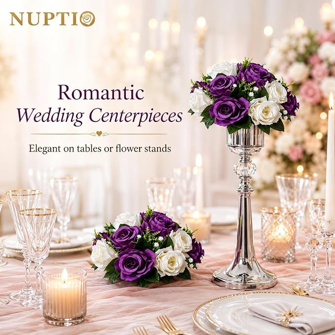 NUPTIO Flower Balls Centerpieces for Tables: 6 Pcs Purple White Fake Roses | 9.5 inch Diameter, Artificial Flower Arrangements for Wedding, Birthday Party, Bridal Shower, Quinceanera Decorations