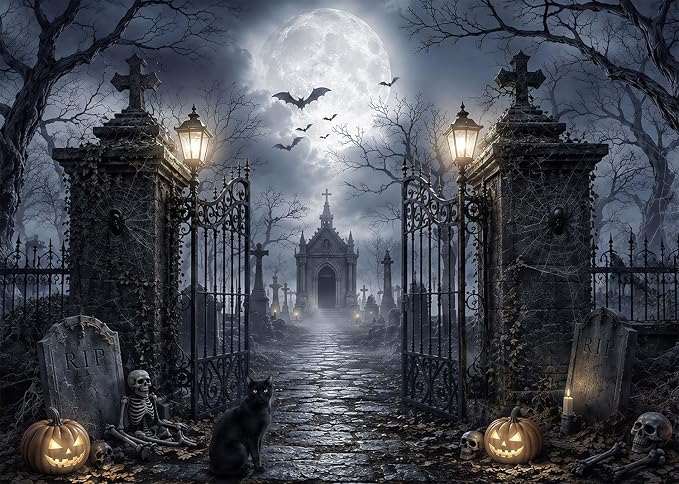 15x10ft Halloween Backdrop Spooky Cemetery Castle Full Moon Pumpkin Black Cat Skeleton Photography Background, Horror Fall Party Decor Photo Booth Props, Kids Birthday Studio Wall Decor Banner