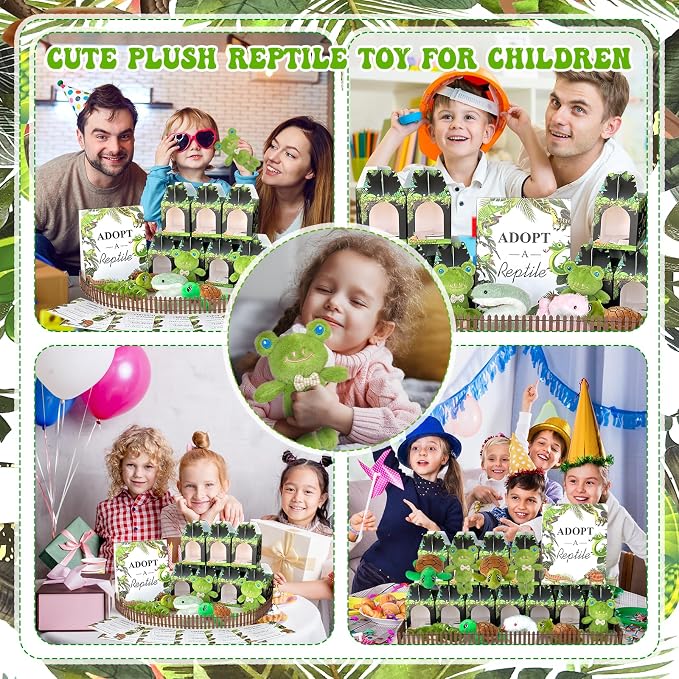 38 Pcs Adopt a Pet Reptile Party Favors Include 12 Safari Reptile Plush 12 Foldable Boxes 12 Cards 1 Sign 1 Fence for Adopt an Animal Party Favors Amphibian Supplies Kit