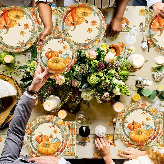 Thanksgiving Paper Plates and Napkins Set Include Cups Tablecloth Fall Harvest Plates with Pumpkins and Maple Leaves, Thanksgiving Party Supplies Set Party Decorations for 24 Guest