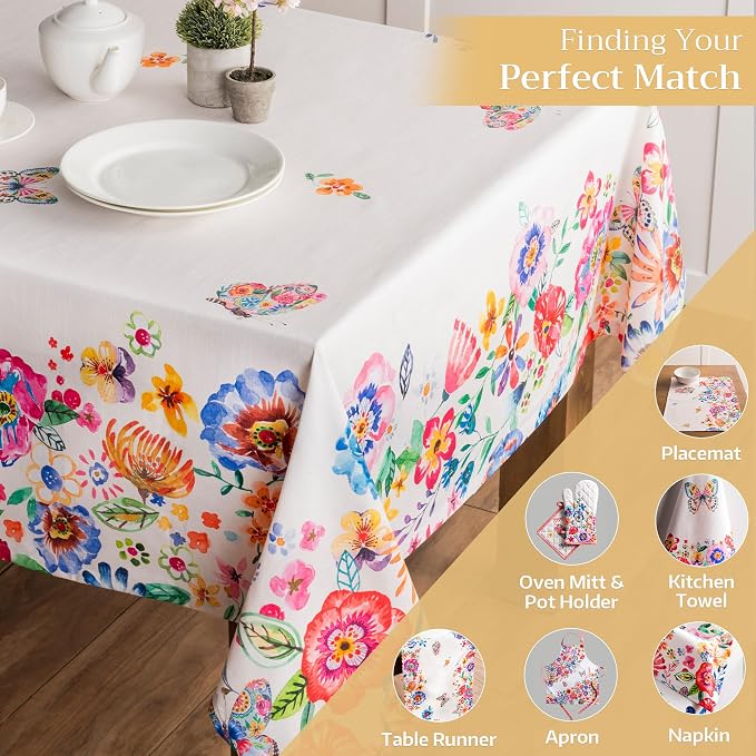 Maison d' Hermine Table Cloth Rectangle Table 100% Cotton 70 x 108 Inches Tablecloth Reusable Decorative for Dining Kitchen Room Farmhouse Party Home Hotel Spring Summer - Happy Florals - High Summer
