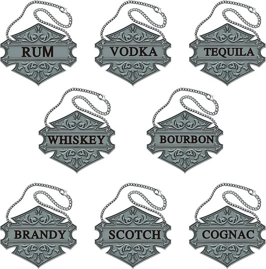 Set of 8 Premium Decanter Tags - Elegant Liquor Labels - Whiskey, Vodka, Rum, Gin, Scotch, Bourbon, Tequila, Brandy - Stainless Steel with Chains - Perfect for Home Bars & Parties/Antique Silver