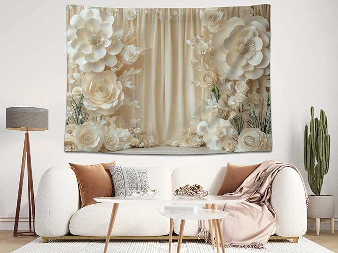 5x3ft Cream Paper Flower Backdrop Romantic Luxury Style 3D Stereo Paper Blooms Background for Birthday Party Baby Shower Decor Wedding Engagement Bride Portrait Photo Studio Booth Props