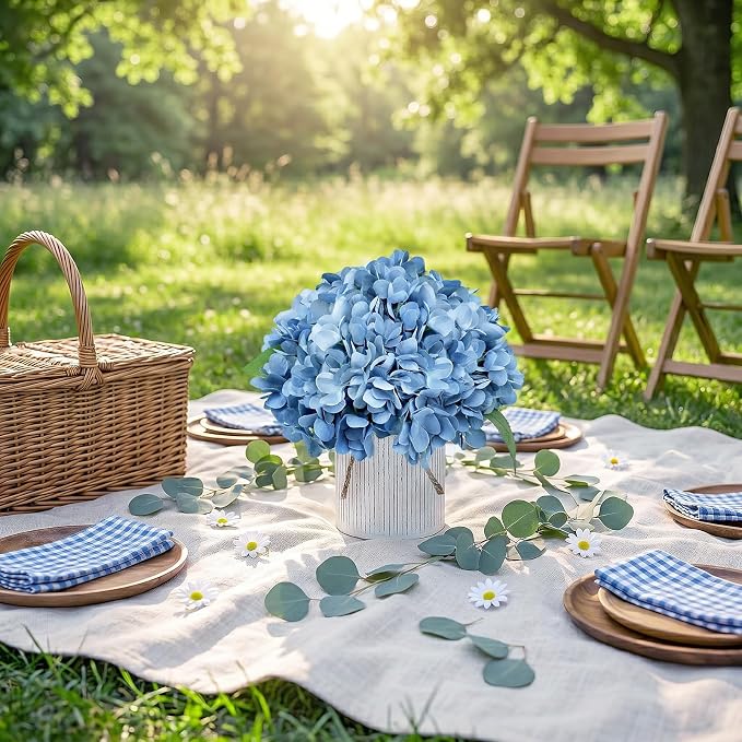 Set of 6 Artificial Flower Table Centerpieces - Dusty Blue Fake Hydrangeas Floral Arrangement with Rustic Metal Vase for Baby Bridal Shower Birthday Party Event Decorations