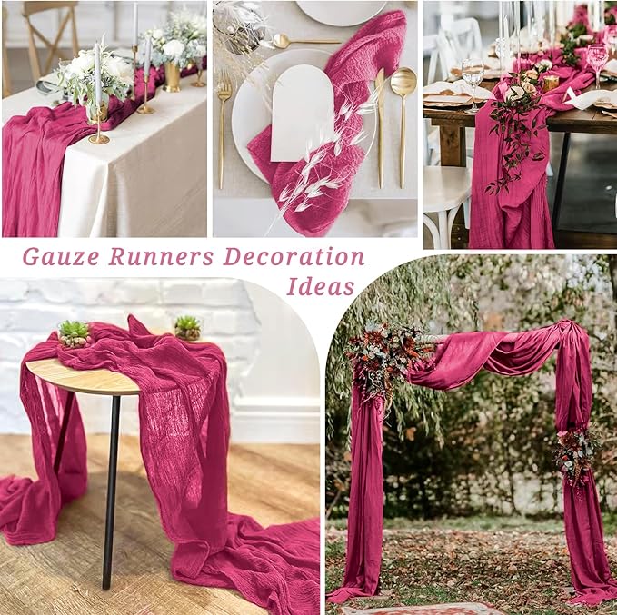 12 Pack 10Ft Hot Pink Cheesecloth Table Runner 35 x 120 inch Boho Gauze Cheese Cloth Table Runner Vintage Rustic Sheer Runners for Wedding Bridal Shower Birthday Party Cake Table Decorations