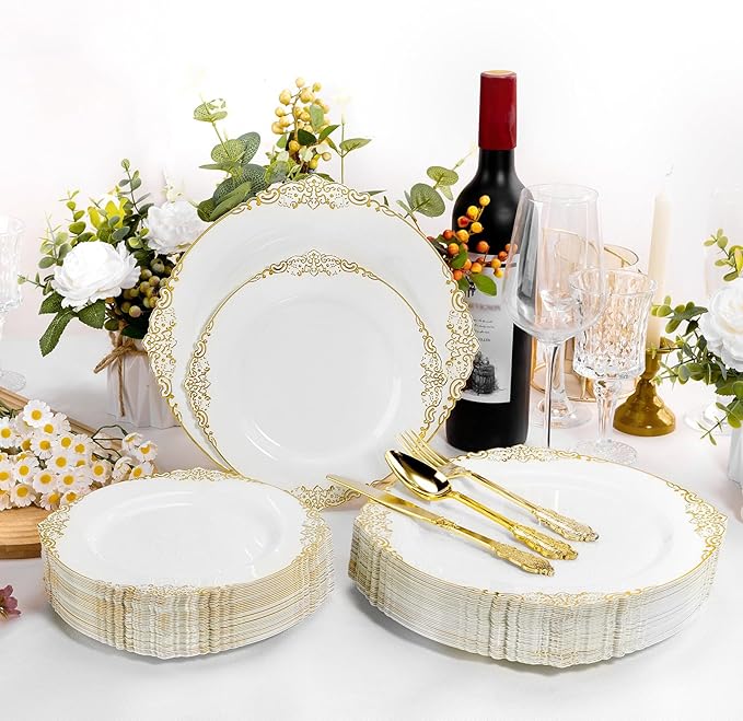 Bestluck 200 PCS White and Gold Plastic Plates for 100 Guests, Gold Disposable Plates Include 100 PCS Dinner Plates, 100 PCS Dessert Plates for Party, Wedding and Graduation