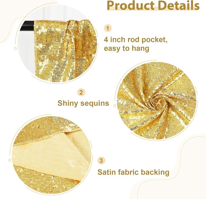 SquarePie 2 PCS 4x10ft Gold Sequin Backdrop for Photography, Extra Long Satin-Backed Real Sequin Curtain, High-Density Shimmering Background with 4" Rod Pocket for Wedding Ceremony, 2 Panels