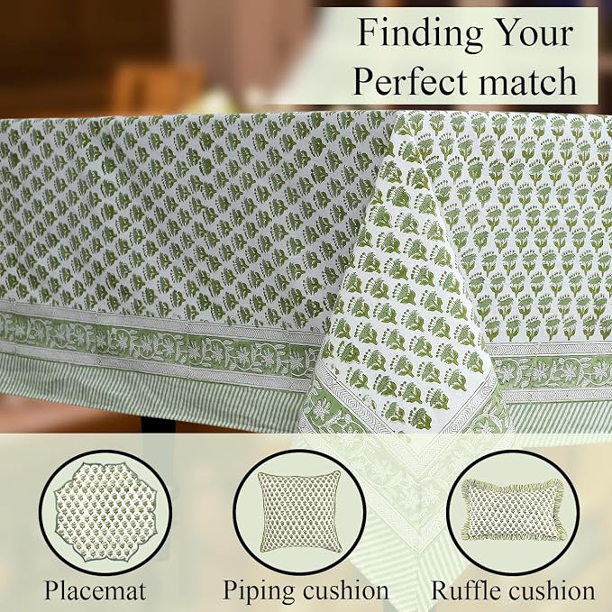 CPC Block Print Tablecloth Emerald Green 190"x72" Rectangular 100% Cotton Reusable Table Cover, Everyday Decorative Table Cloth Use for Dining, Farmhouse, Home Gifts for Spring, Summer