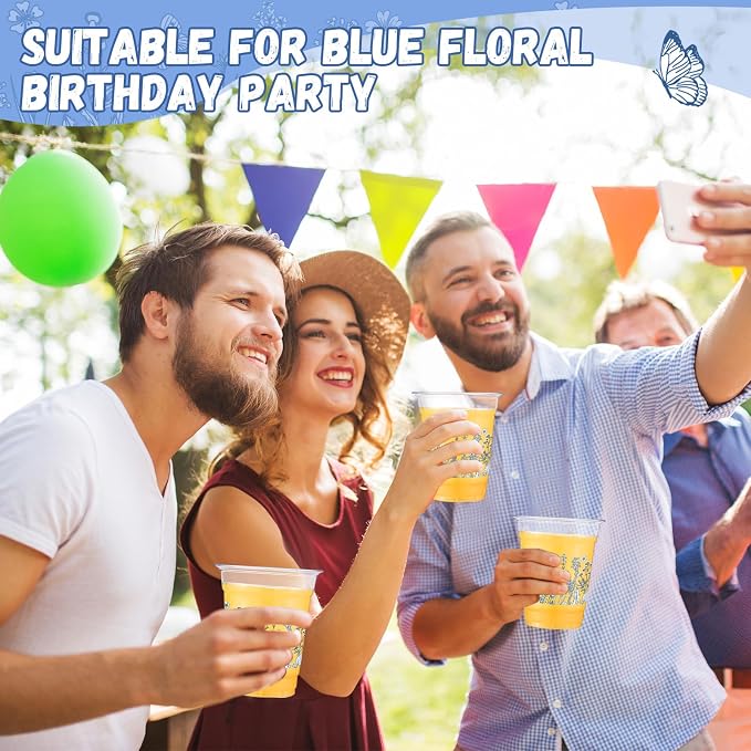 Funnymoom 60 Pack Blue Floral Plastic Cups 12 oz Blue White Flower Wildflowers Disposable Clear Plastic Drinking Cups for Summer Spring Wedding Bridal Baby Shower Birthday Party Decoration Supplies