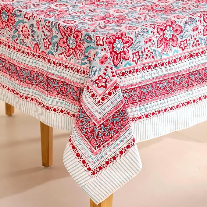 Hand Block Printed Tablecloth, Colorful Floral Print, Indian Artisan Handmade Art, Dining Room, Kitchen, Outdoor Décor, (Scarlet Garden Grace, 12 Seater 72 x 135 Inches Rectangle)