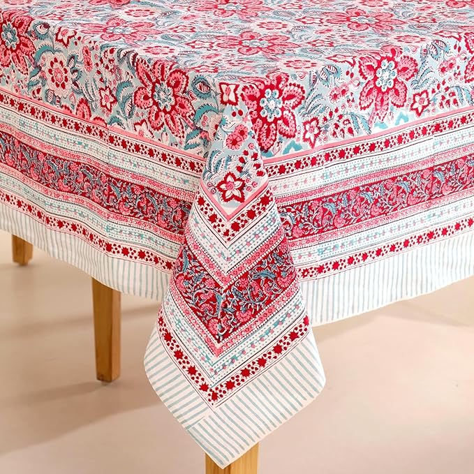 Hand Block Printed Tablecloth, Colorful Floral Print, Indian Artisan Handmade Art, Dining Room, Kitchen, Outdoor Décor, (Scarlet Garden Grace, 6 Seater 60 x 90 Inches Rectangle)