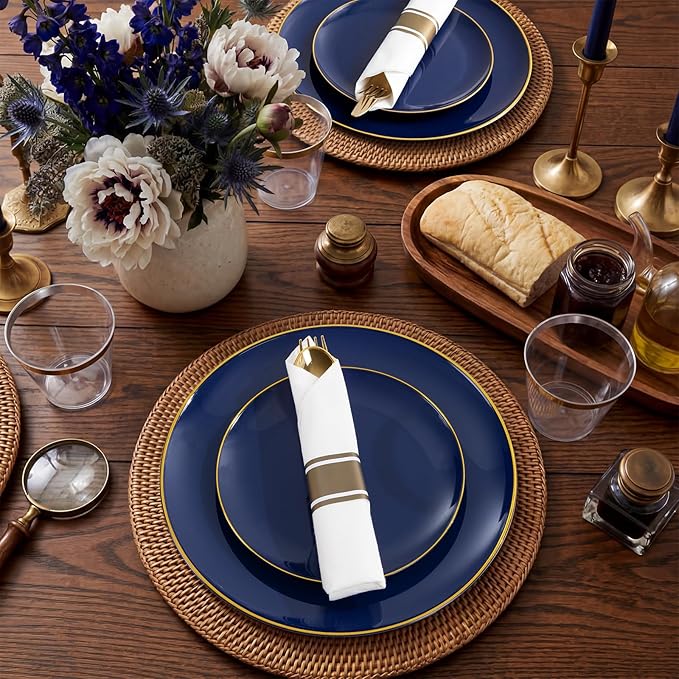 KIRE 175Pcs Blue Plastic Plates - Navy Blue Plates Disposable - 25 for Dinner 25 for Dessert 25 Pre Rolled Napkins with Gold Plastic Silverware and 25 Cups for Birthday/Wedding/Passover/Graduation