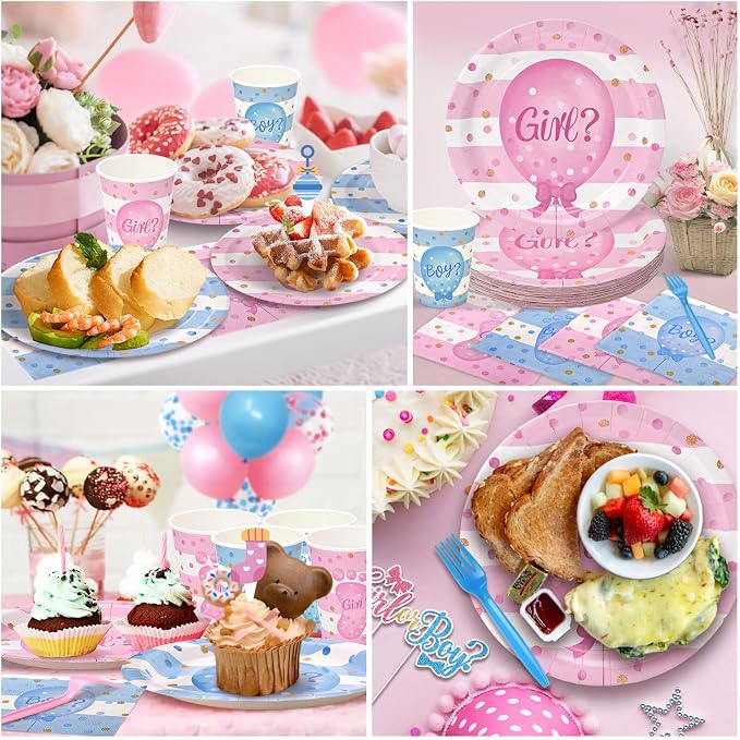 190 Pcs Gender Reveal Party Decorations Kit (Serves 24 Guests), Include Plates and Cups and Napkins Sets with Forks and Banner, Girl or Boy Baby Gender Reveal Party Supplies