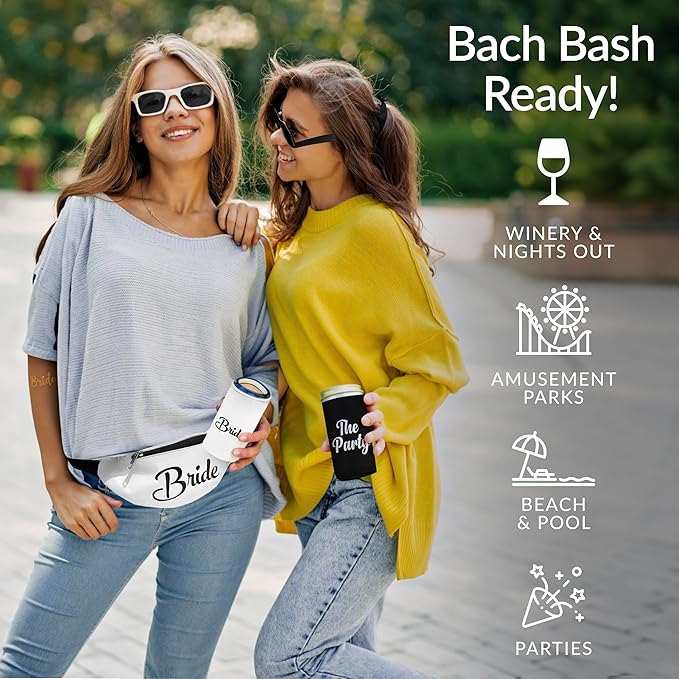 Bachelorette Fanny Packs | 30 Pc - Set of 5 Bachelorette Party Favors & Accessories | 1 Bride Fanny Pack + 4 'Party' Packs | Bachelorette Party Kit with Sunglasses, Koozies & Bridal Accessories