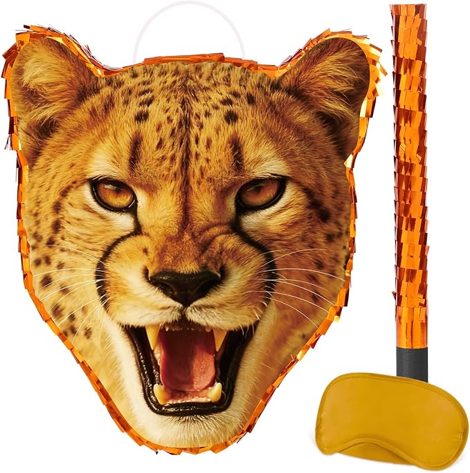 WERNNSAI Cheetah Piñata - Cheetah Party Decorations Jungle Leopard Piñata with Blindfold and Bat for Kids Boys Birthday Classroom Party Game Supplies Safari Birthday Decorations
