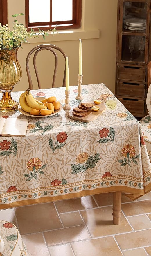 patdrea Vintage Linen Tablecloth,Rectangular,87"x55"-RosaSilvestre A | French Heavyweight Table Cloth for Rectangle Table,Yellow Floral Patterned,Dining Room Kitchen Tea Party Decoration