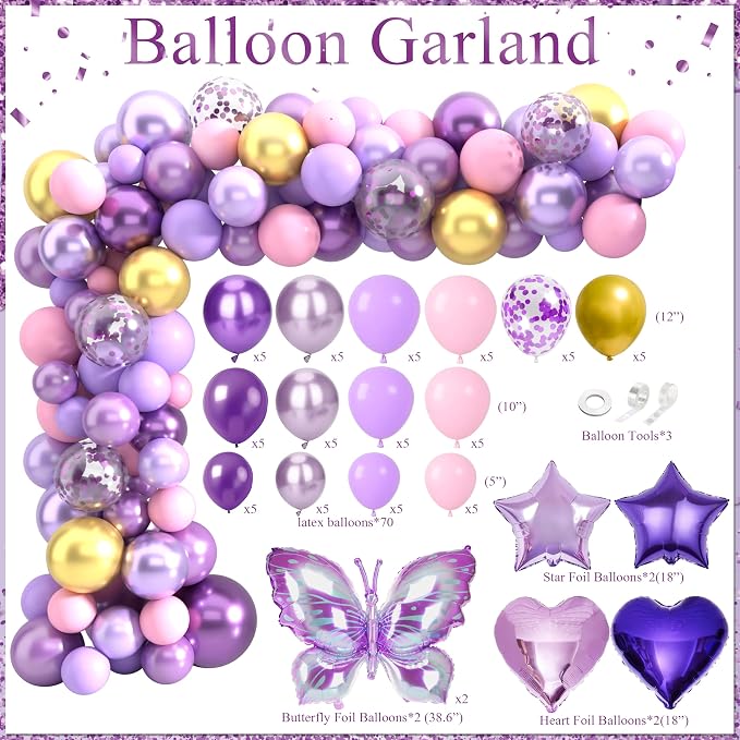 Purple Birthday Decorations for Women Girls Purple Party Decorations with Purple Balloon Arch Sash Banner Backdrop Tablecloth Cake Topper