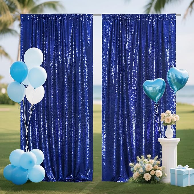 SquarePie 2 PCS 4x10ft Navy Blue Sequin Backdrop for Photography, Extra Long Satin-Backed Real Sequin Curtain, High-Density Shimmering Background with 4" Rod Pocket for Wedding Ceremony, 2 Panels