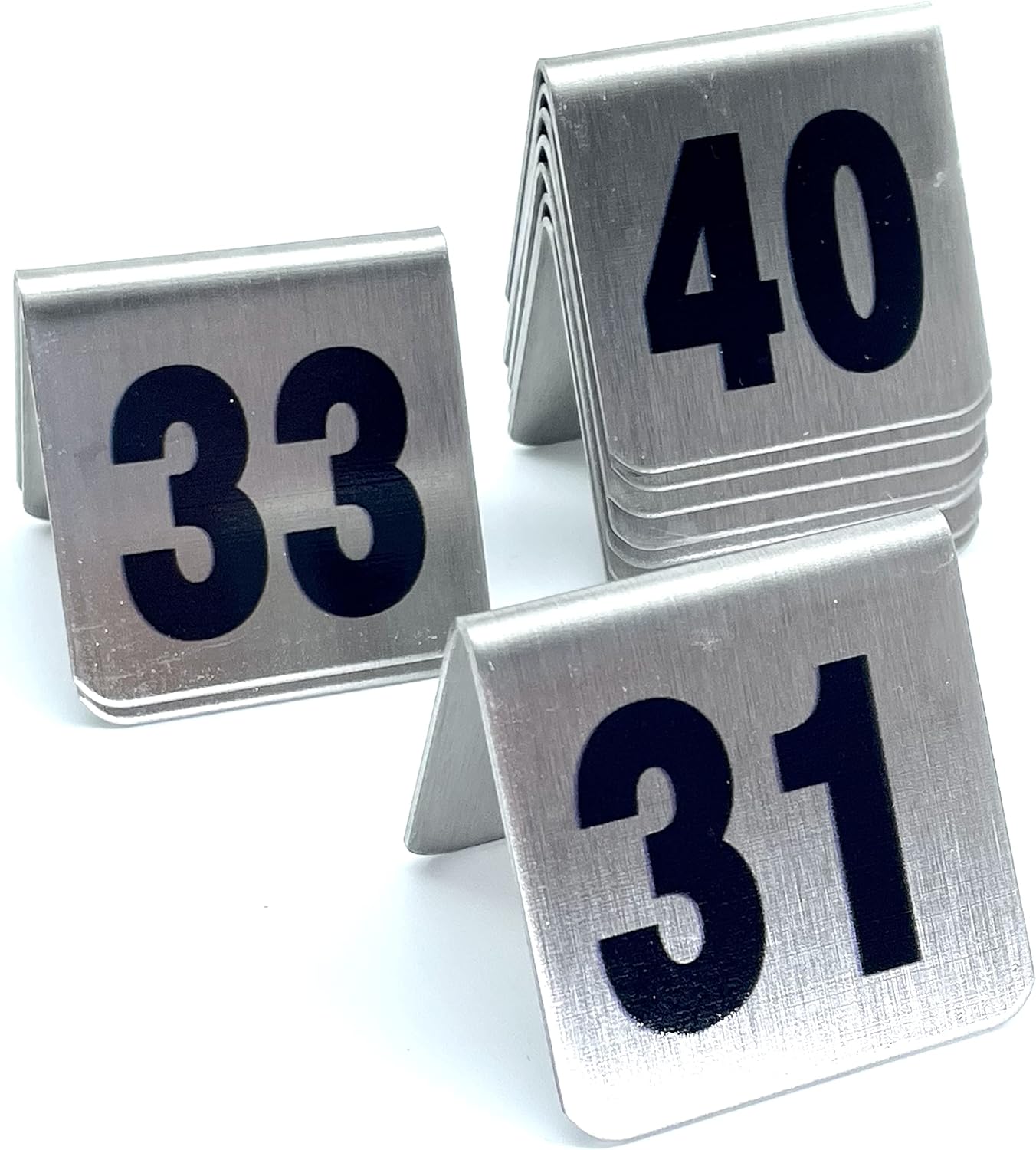 10 Pcs Metal Place Cards Stackable Tent Style Table Numbers，Place Card Holders for Celebration Wedding Party Restaurants Cafes Bars Gatherings meeting Room Board Game Serial (Small 31-40, Black)