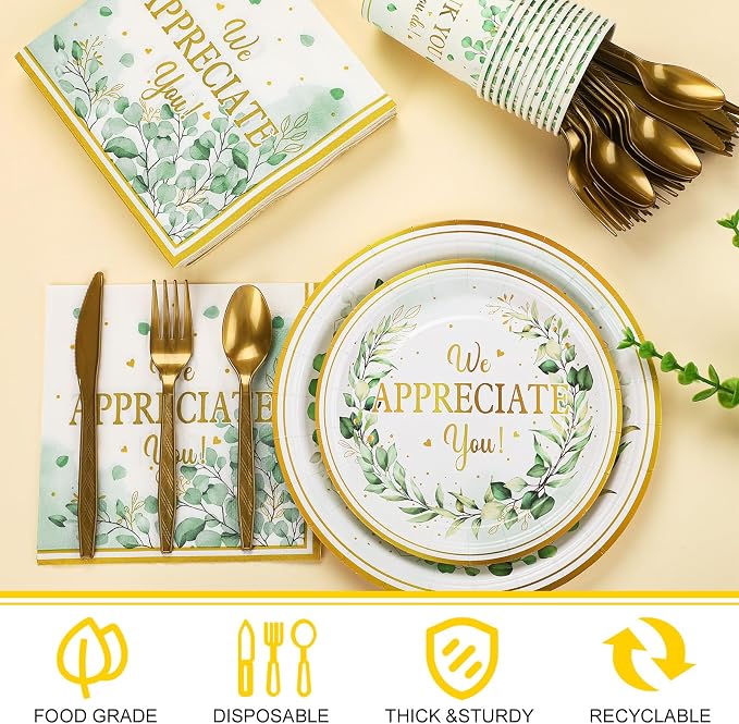 Yungyan 252 Pcs Sage Green Thank You Party Tableware Set Thank You for All You Do We Appreciate You Plates Napkins Cups Cutlery for Employee Teacher Graduation Appreciation Party 36 Guests
