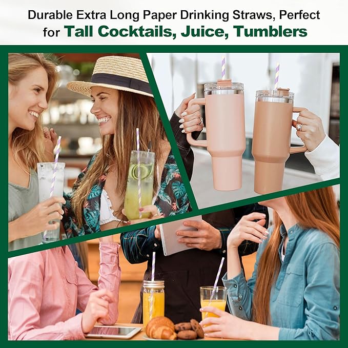 Compostable Paper Drinking Straws 10 Inch Long, for 20oz to 32oz Tumblers - Purple, Pack of 100