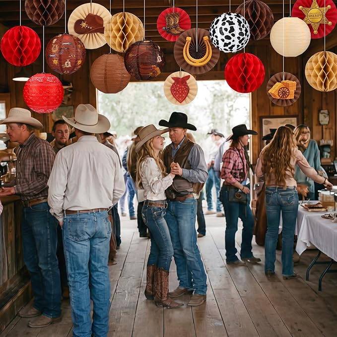 Retisee 18 Pcs Western Cowboy Party Decor Theme Hanging Paper Lanterns with Wagon Wheels Straw Hay Bales Honeycomb Ball Fans for Wild West Rodeo Birthday Wedding Supplies