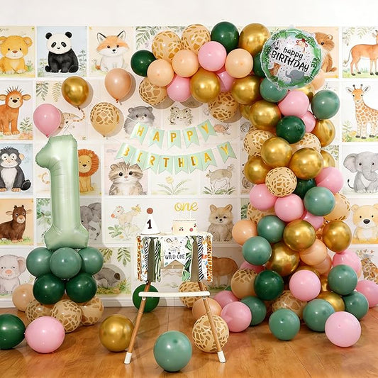 Wild One First 1st Birthday Decorations High Chair Banner for Boy or Girl with 60PCS Balloons, Number 1 Balloon, Cake Topper, Hat & Banner for Safari Jungle Theme One Year Old Birthday Decorations
