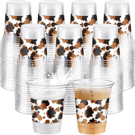 Jingmore 100 Pcs Cow Theme Plastic Cups 12 oz Highland Cow Western Cowboy Disposable Clear Plastic Drinking Cups Bulk for Highland Farm Animal Themed Birthday Baby Shower Party Decorations Supplies