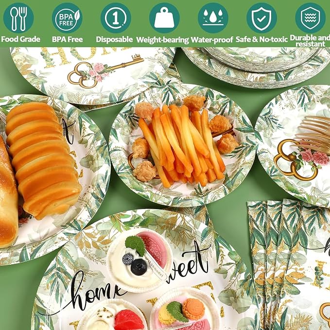50 Guests House Warming Party Supplies Decoration Housewarming Party Plates and Napkins Forks Sweet Home Tableware Decor Rustic Floral Paper Disposable Plates for New House Wedding Supplies 200PCS