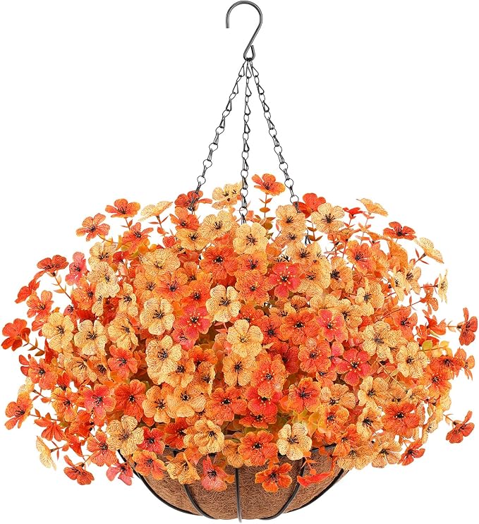 Artificial Flowers Hanging Plants in Basket, Artificial Hanging Flowers for Spring Outdoor Indoor Decor, UV Resistant Hanging Baskets with Fake Flowers for Spring Summer Patio Garden Porch Decor