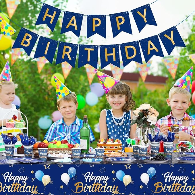 Pajean Blue and Gold Happy Birthday Party Tableware Set Navy Blue Birthday Decoration for Men Banner and Tablecloths Plates Cups Napkins Dinnerware for 24 Guests Party Supplies