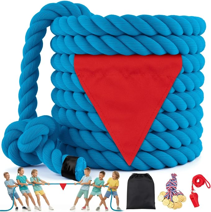 Tug of War Rope for Kids & Adults - 45ft Soft Cotton Outdoor Pulling Rope with Flag for Team Building Activities Field Day Family Reunions Birthday Parties Camping Games- Blue
