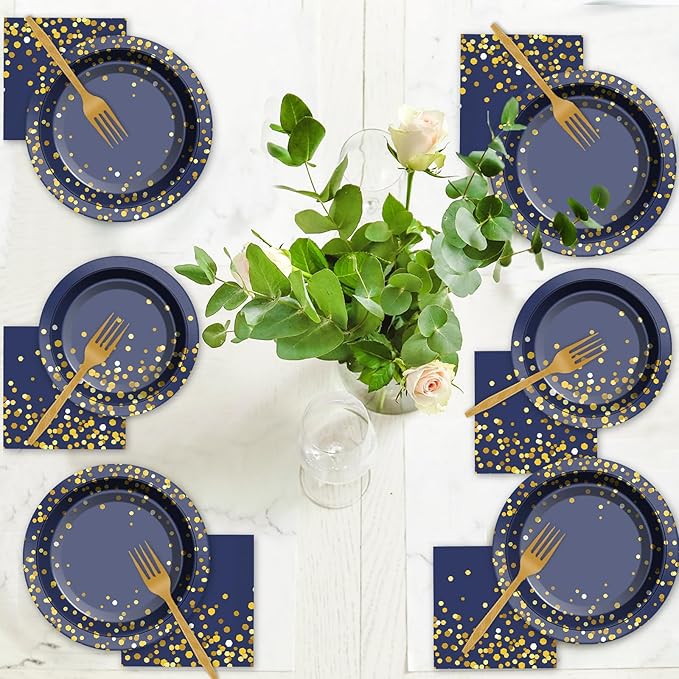 gisgfim 50 Guests Blue and Gold Party Supplies Decorations Tableware Set Blue and Gold Paper Plates Napkins Disposable Plates Graduation Tableware for Men Women Happy Birthday Party Decorations 200PCS