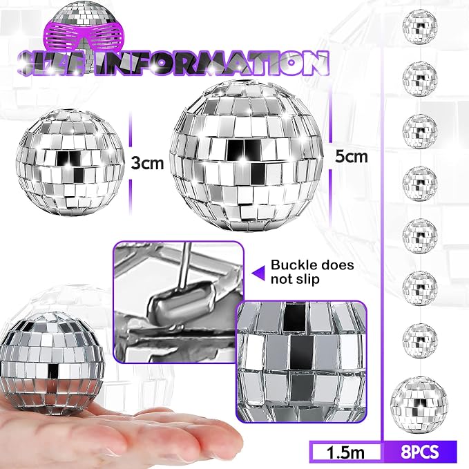 Sumind 8 Pack Disco Party Decorations Mini Disco Ball Garlands Silver Mirror Ball Hanging Banner Silver Streamer Curtains for Birthday Wedding Christmas Party Backdrop Supplies(1 Inch, 2 Inch)