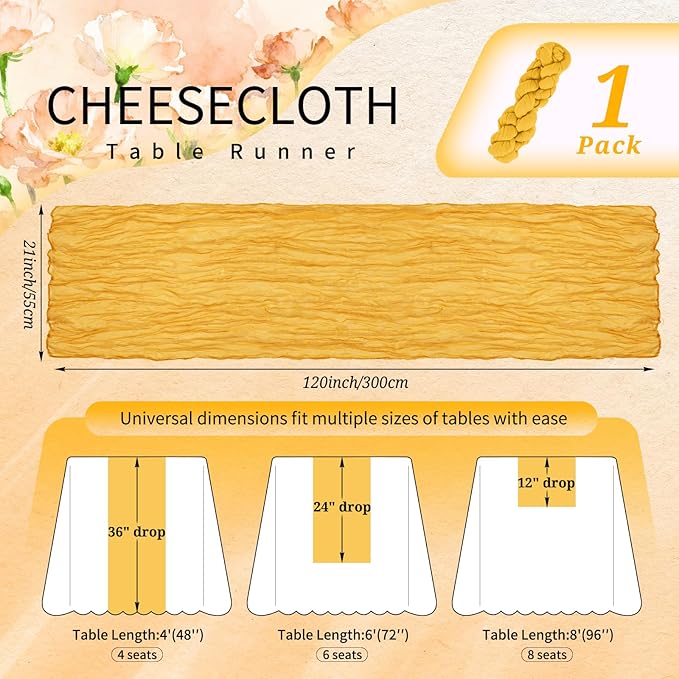 1 Pack Cheesecloth Table Runner 10FT Gold Table Runner Boho Gauze Cheese Cloth Table Runners Long Rustic Sheer Table Decorations for Wedding Party Baby Bridal Shower Birthday Holiday Home