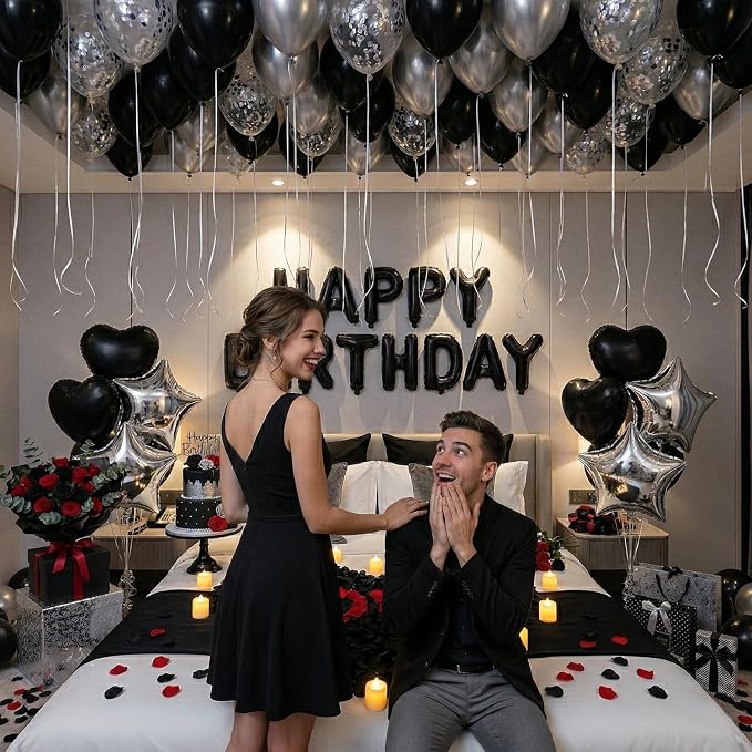 Romantic Birthday Decorations for Men with Black Silver Balloons, Happy Birthday Banner, Tea Lights and Rose Petals, Birthday Decorations for Boyfriend Husband Anniversary Surprise Room Decor (73PCS)