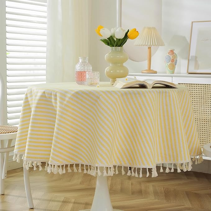 meioro Striped Tablecloth Round Tablecloths Cotton Blend Table Cloth Washable Tabletop Decorative Fabric Table Cover for Kitchen Dinning (Yellow, Round 60 Inch)