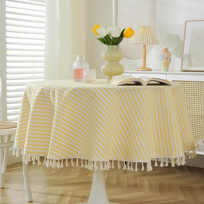 meioro Striped Tablecloth Round Tablecloths Cotton Blend Table Cloth Washable Tabletop Decorative Fabric Table Cover for Kitchen Dinning (Yellow, Round 47 Inch)