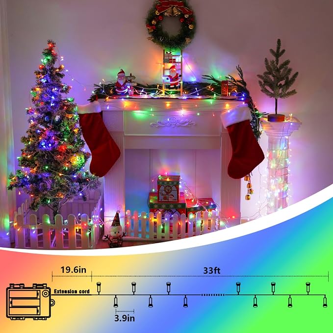 YEGUO Battery Operated String Lights, 2 Pack Each 33ft 100 LED Twinkle Fairy Lights Outdoor Waterproof, 8 Modes Clear Wire Multicolor Christmas Lights Indoor with Remote