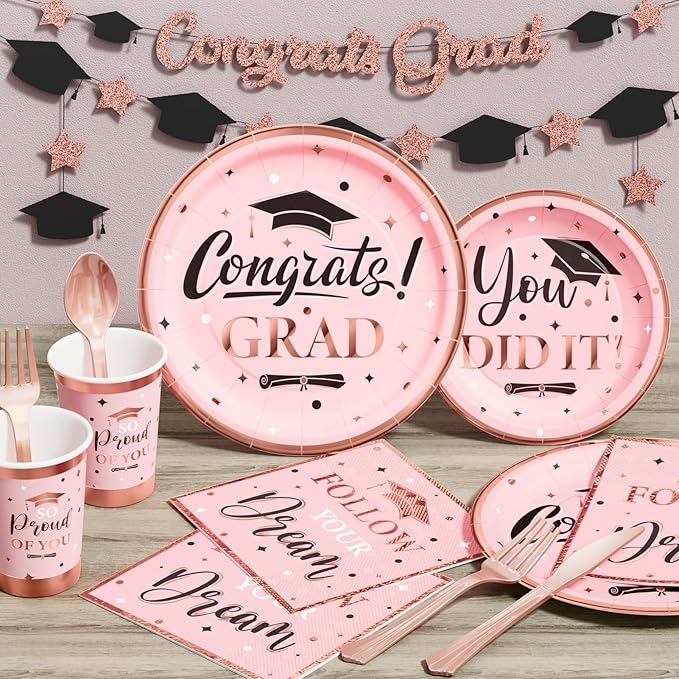 Ecomore Graduation Decoration Class of 2026 Pink Graduation Decoration 350 PCS - Rose Gold Grad Party Supplies Disposable Dinnerware (Serves 50) Paper Plates Cup Napkin Fork Knife Spoon (Pink & Black)