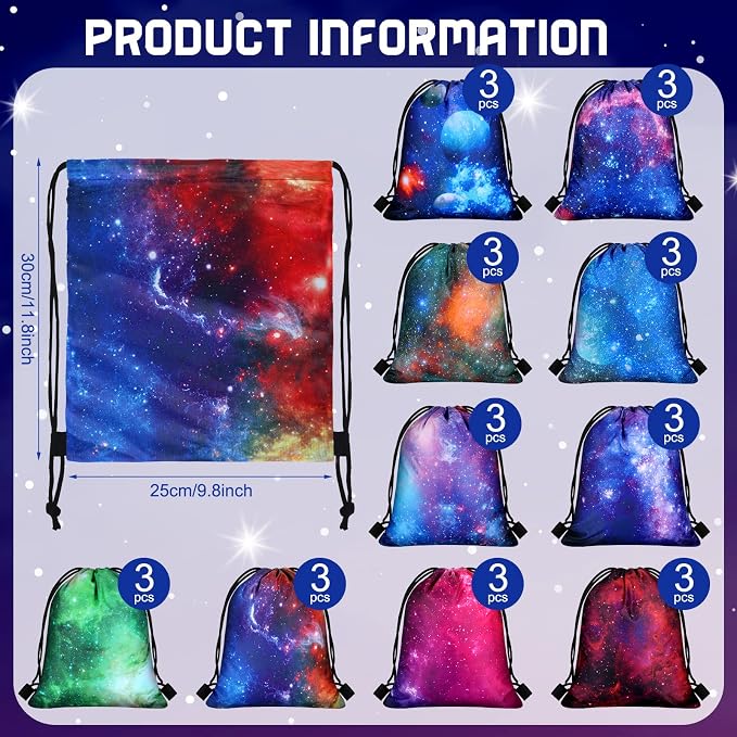 Lothee 30 Pack Drawstring Backpack Galaxy Party Favor Bags Space Starry Night Sky Backpack Space Theme Goodie Bag for Events Celebrations Universe Pattern Treat Candy Pouch for Guests