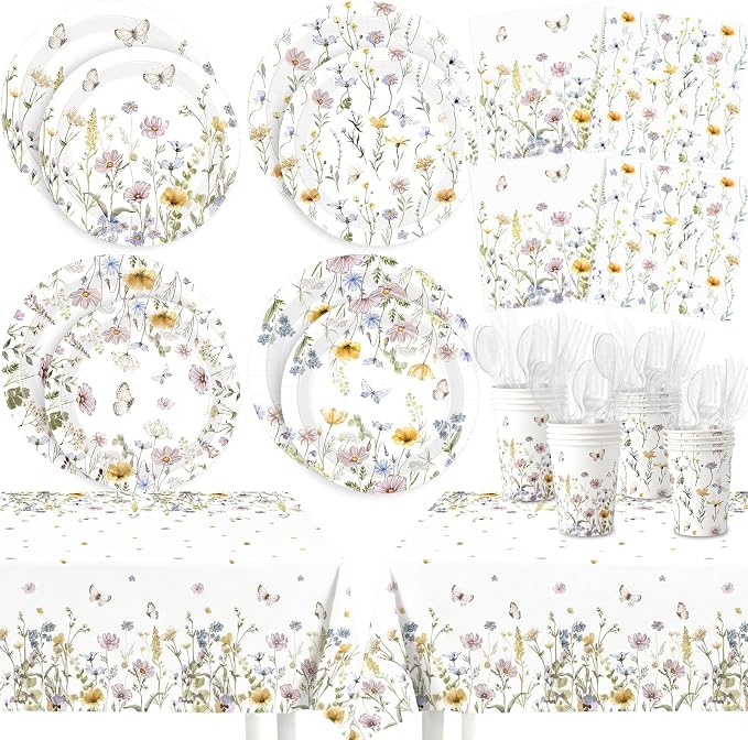 Ceenna 390 Pcs Wildflower Party Decorations for 48 Guests, Spring Floral Paper Plates Napkins Cups Tablecloth Cutlery Disposable Tableware Set for Flower Baby Shower Birthday Wedding Party Supplies