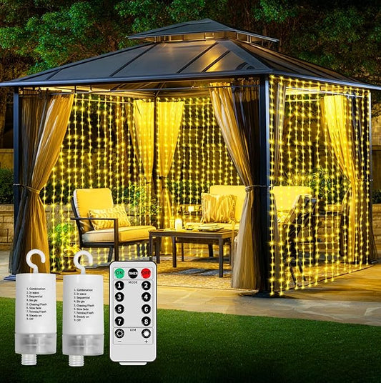 LED Battery Operated Curtain Lights - 2Pack 10ftx10ft 300LED Battery Power Fairy Curtain String Lights with Remote & Timer for Backdrop Outside Gazebo Christmas Indoor Bedroom Decor WarmWhite