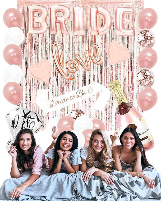 Bachelorettesy 28pc Bachelorette Party Decorations Kit for Bride to Be, Bridal Shower Decorations, Engagement Party – Balloons, Sash, Foil Backdrop Curtain (Rose Gold)