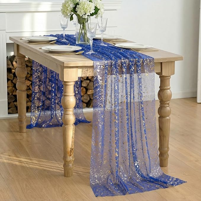 Artoid Mode Blue Gold Gauze Table Runner 59x120 Inch 10FT, Glitter Metallic Foil Sheer Dining Wedding Anniversary Holiday Table Decor for Home Party