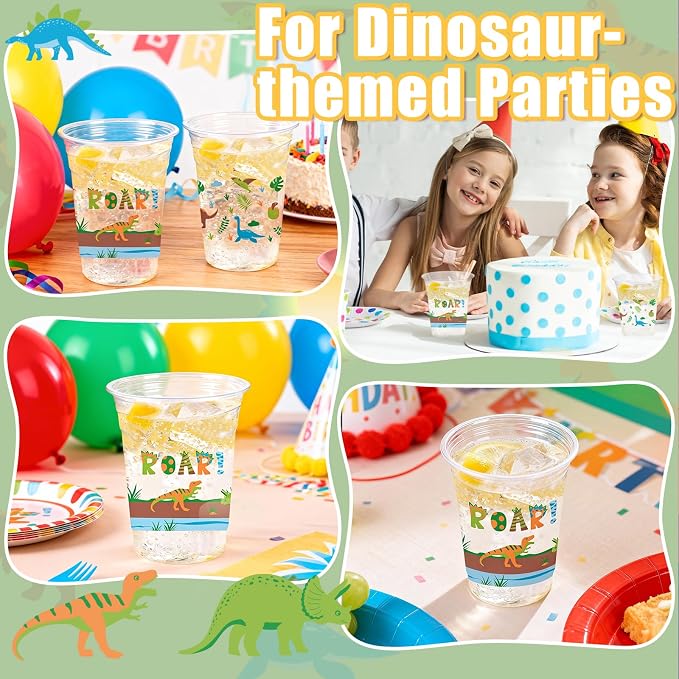 50 Pcs Dinosaur Cups, 12oz Dinosaur Plastic Clear Disposable Drinking Cups Dino Theme Tumbler for Dino Birthday Party Supplies Decorations